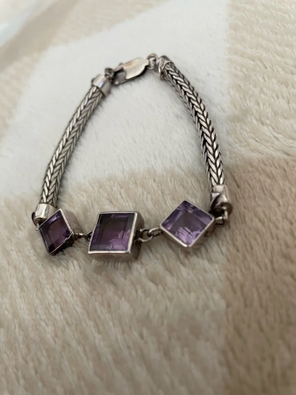 Vintage Lori Bonn 925 Sterling Silver Bracelet Three Purple Square Gemstones